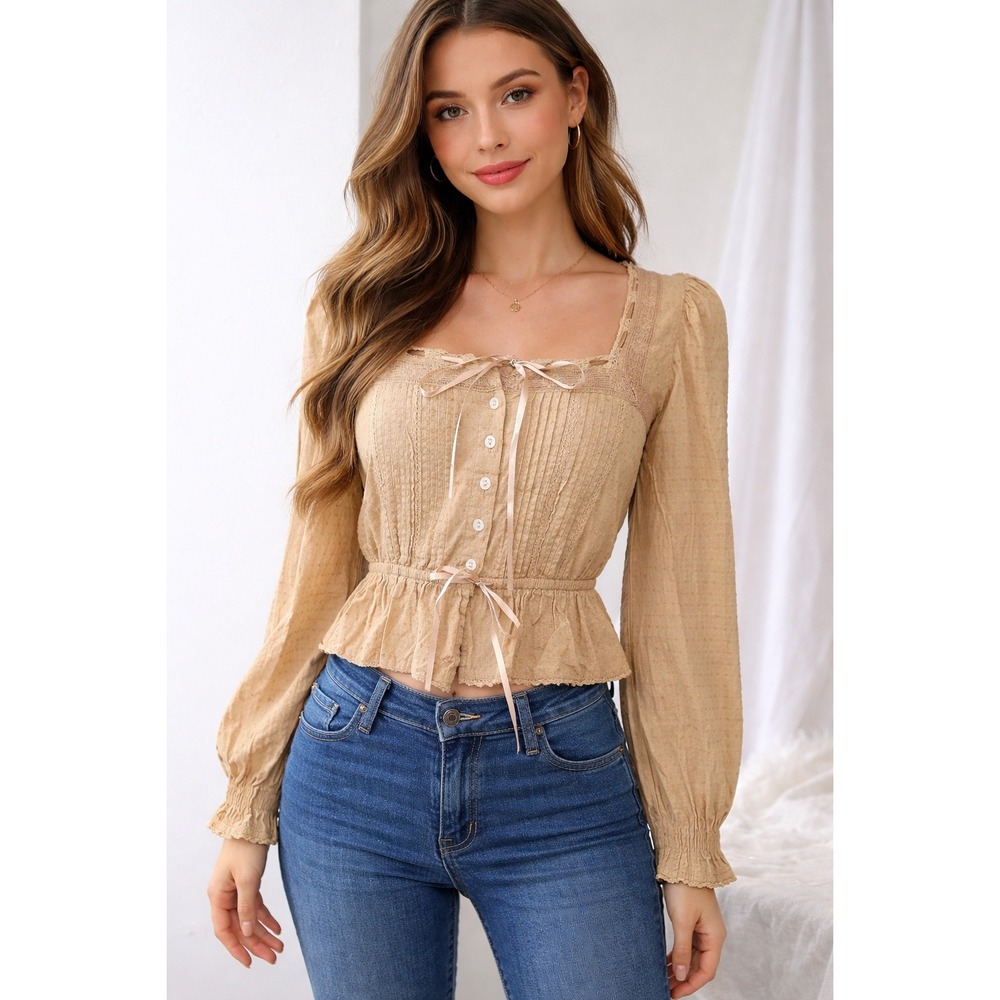 American Eagle Peasant Top Peplum Blouse Lace Trim Tan Festival Cottagecore XS